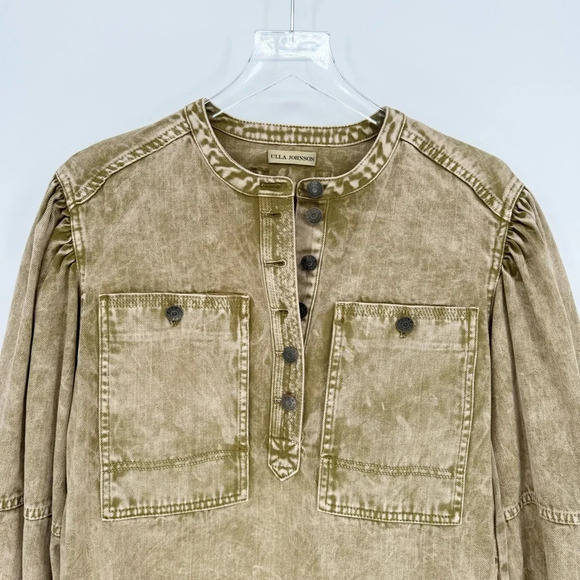 Ulla Johnson Wesley Cotton Denim Tunic Mini Dress 0 Oasis Khaki Balloon Sleeve - Picture 8 of 15